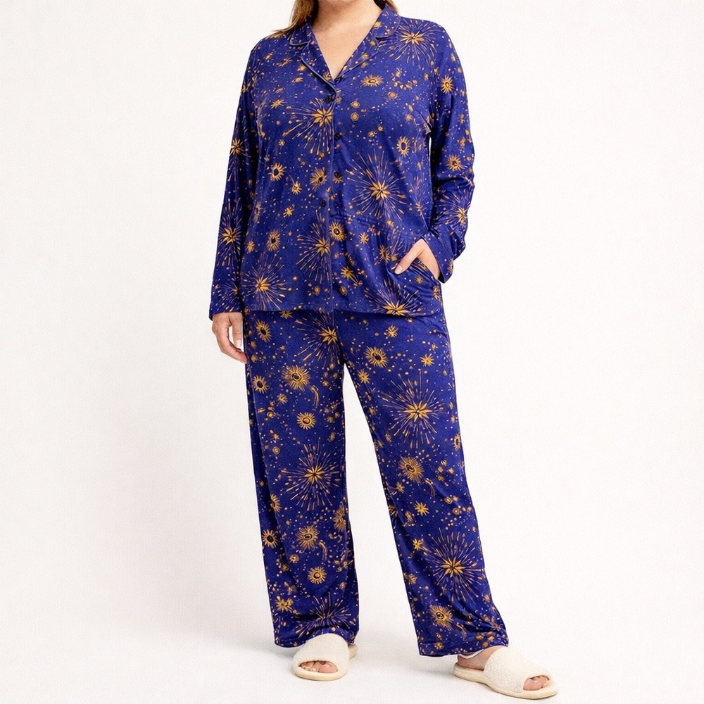 Room Service Women's Celestial Pajama Set Blue Gold Sun Moon Starburst‎ Large